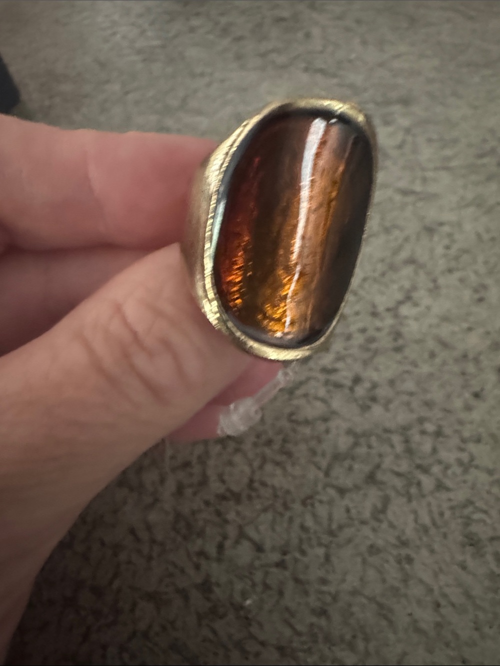 Men's Amber Brown Stone Signet Ring - Classic Metal Band